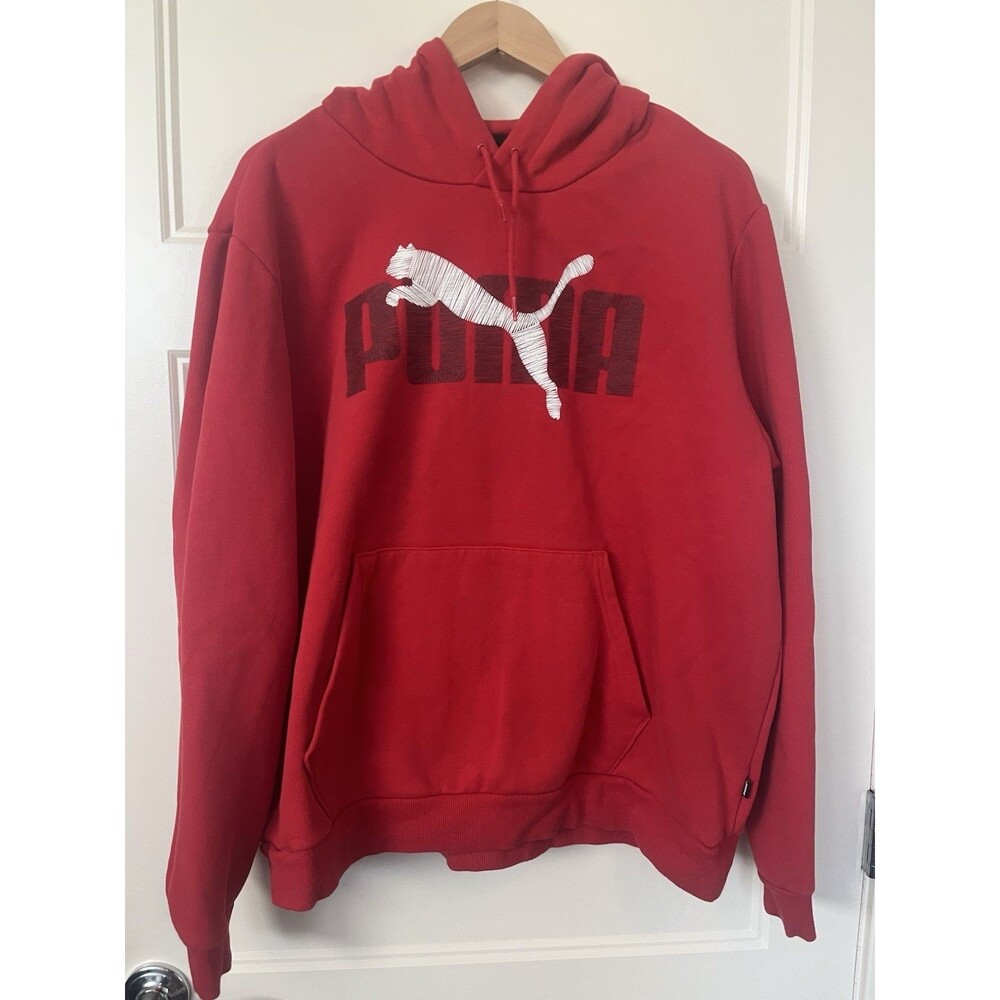 PUMA Mens 2XL Hoodie Red Big Cat Logo Fleece Pullover Sweatshirt Cotton Blend
